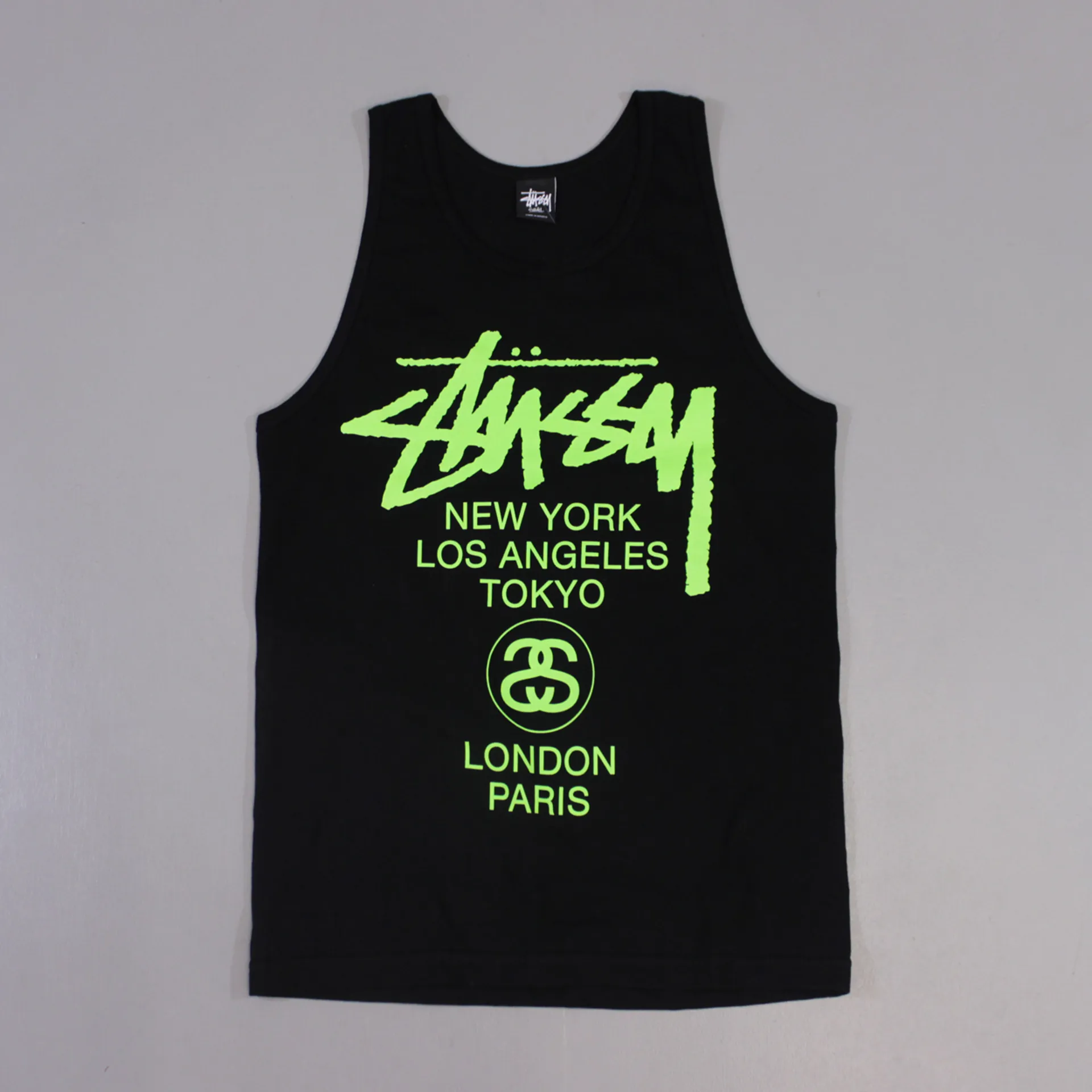 Stussy World Tour Mens Vest Black Neon Green Print