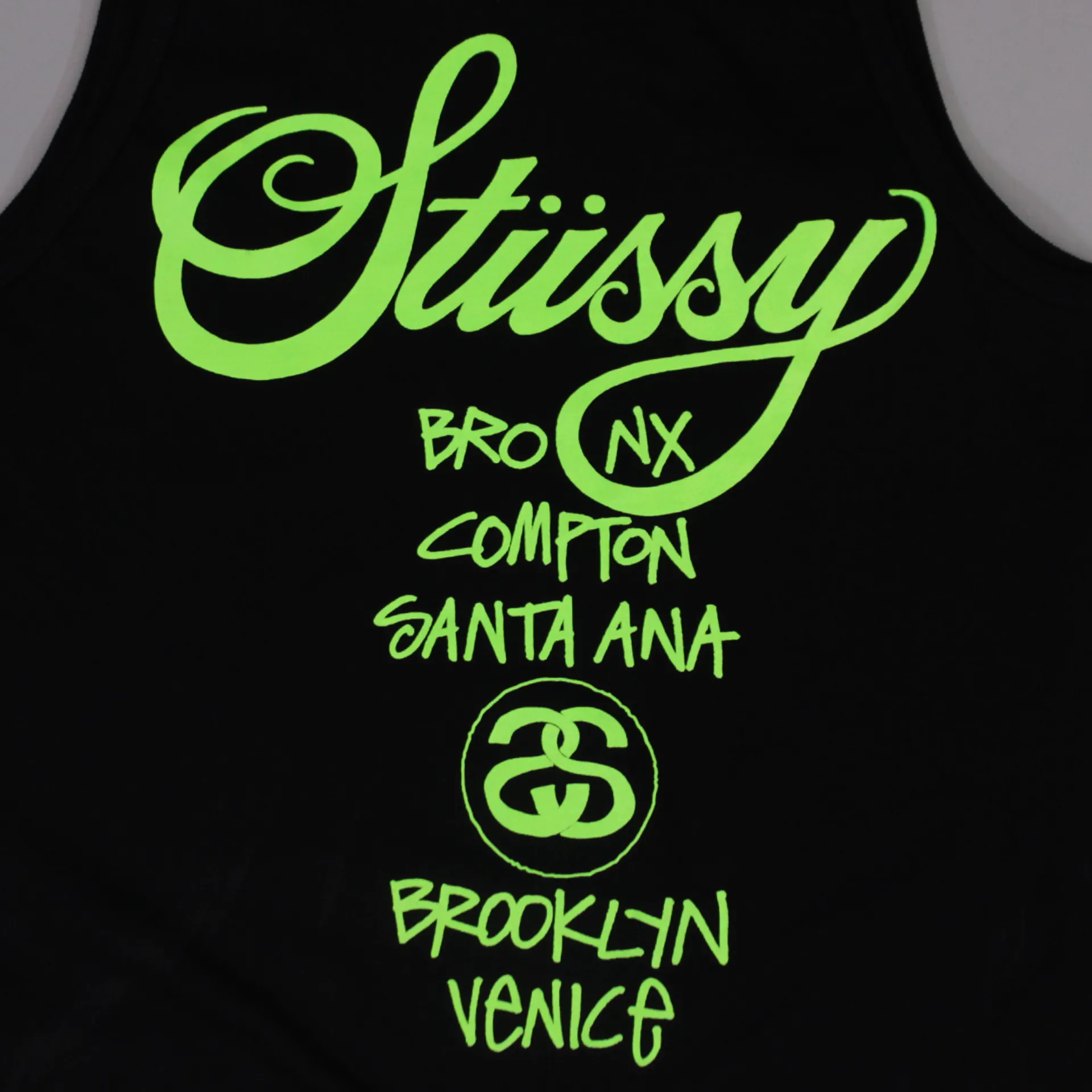 Stussy World Tour Mens Vest Black Neon Green Print