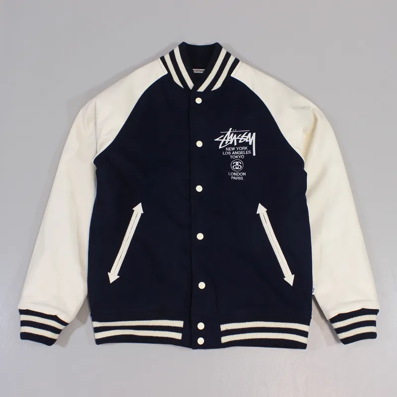 Stussy World Tour Wool Mens Baseball Varsity Jacket Dark Navy