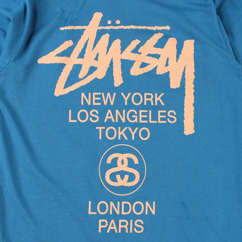Stussy mens short sleeve blue peach world tour t-shirt