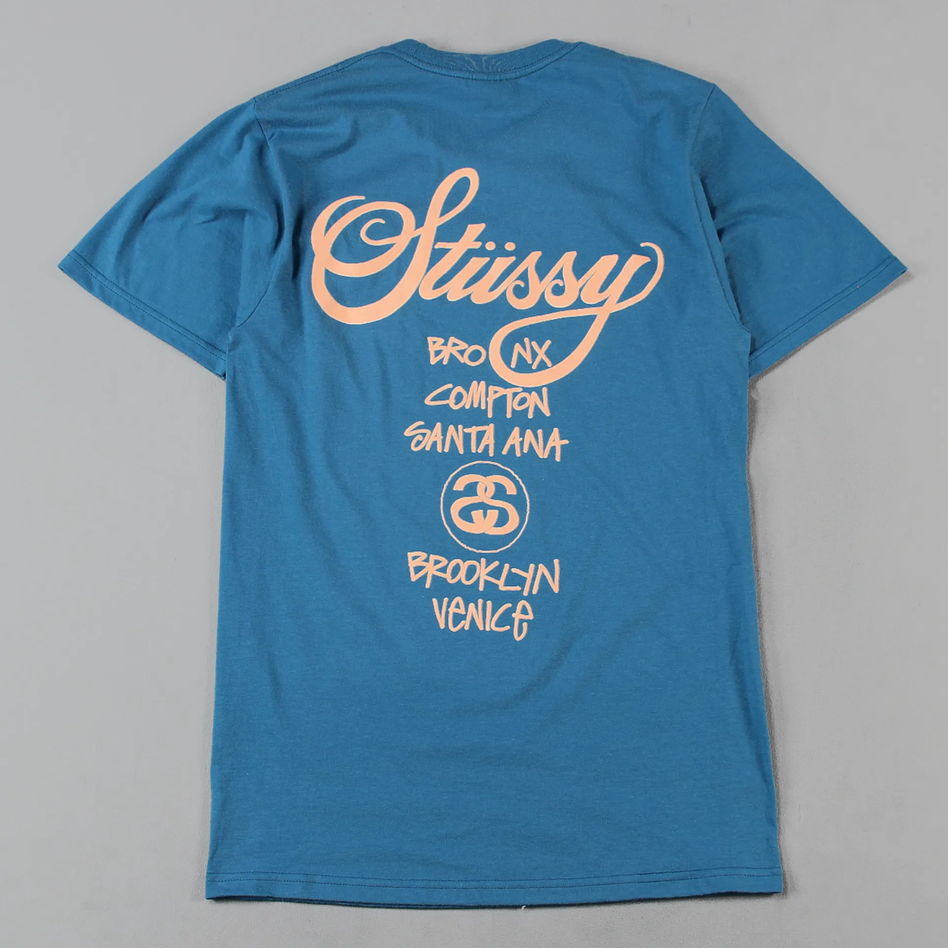 Stussy mens short sleeve blue peach world tour t-shirt
