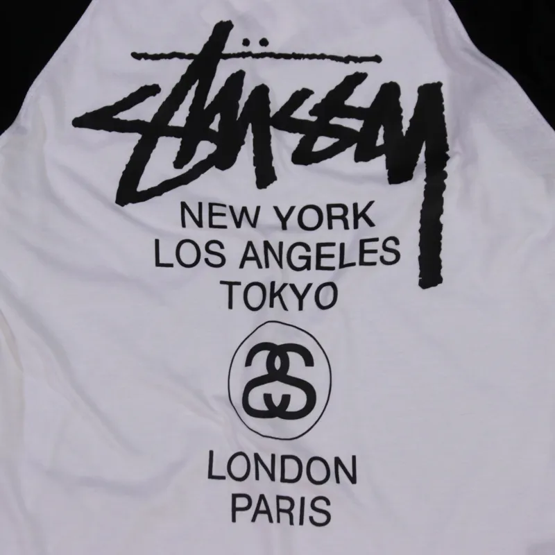 Baseball Raglan Mens Tee Black White World Tour Back Print