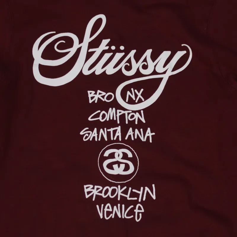 Stussy World Tour Zip Hoodie Dark Red Printed Jumper Mens