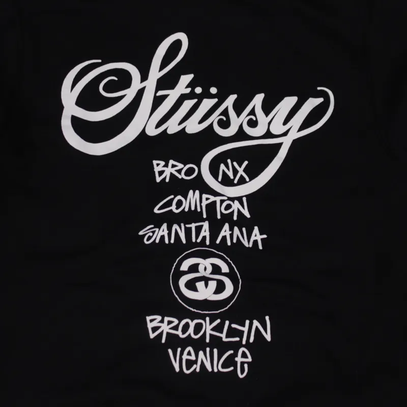 Stussy World Tour Zip Hoodie Black Printed Sweatshirt Mens Skate