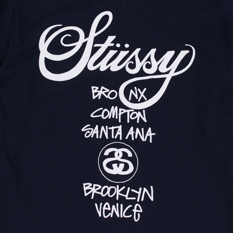 Stüssy ワールドツアー ロゴ ロンT Stussy Mens World Tour Long Sleeve T-Shirt Navy White Print Tee