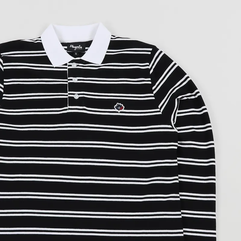 Magenta Long Sleeve Striped Polo Shirt Black-2