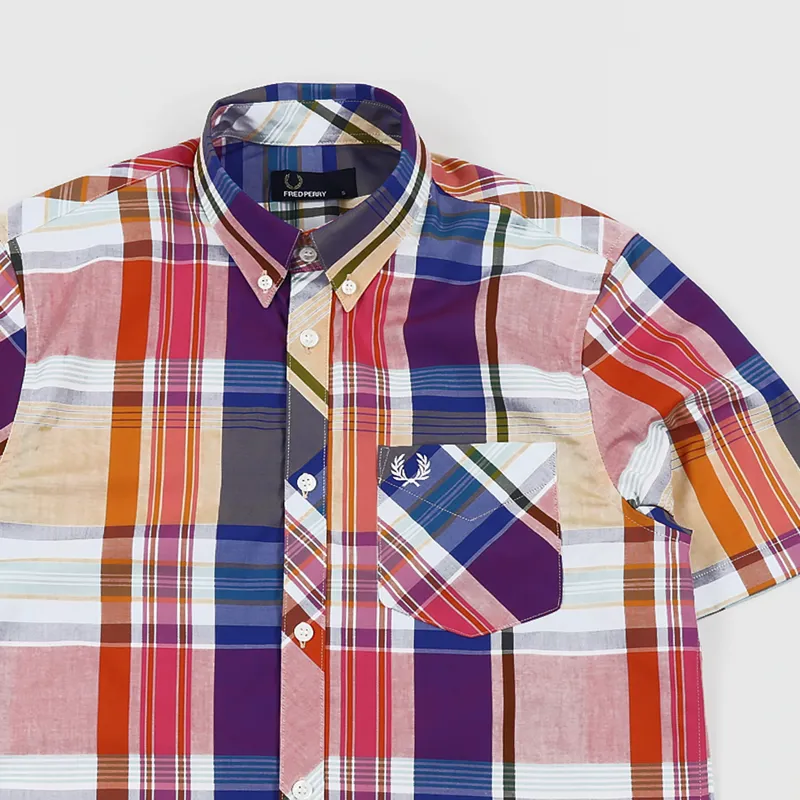 Fred Perry Mens Madras Checkered Short Sleeve Oxford Shirt Red