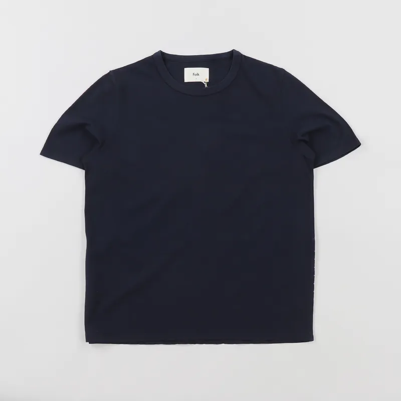 Folk Panel Stitch T Shirt Washed Navy Ecru