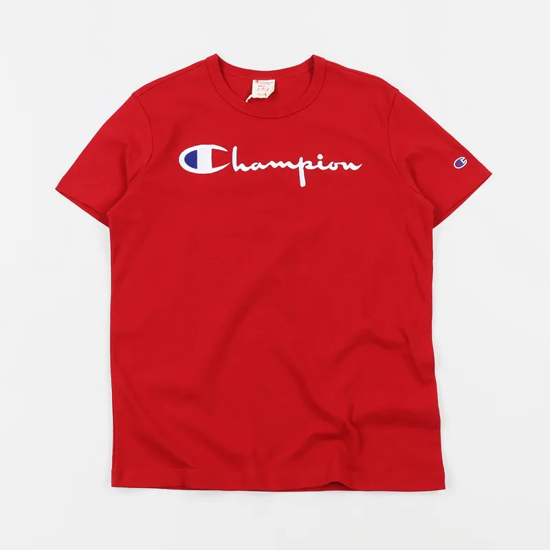 Champion Reverse Weave Crewneck Script Logo T Shirt Red