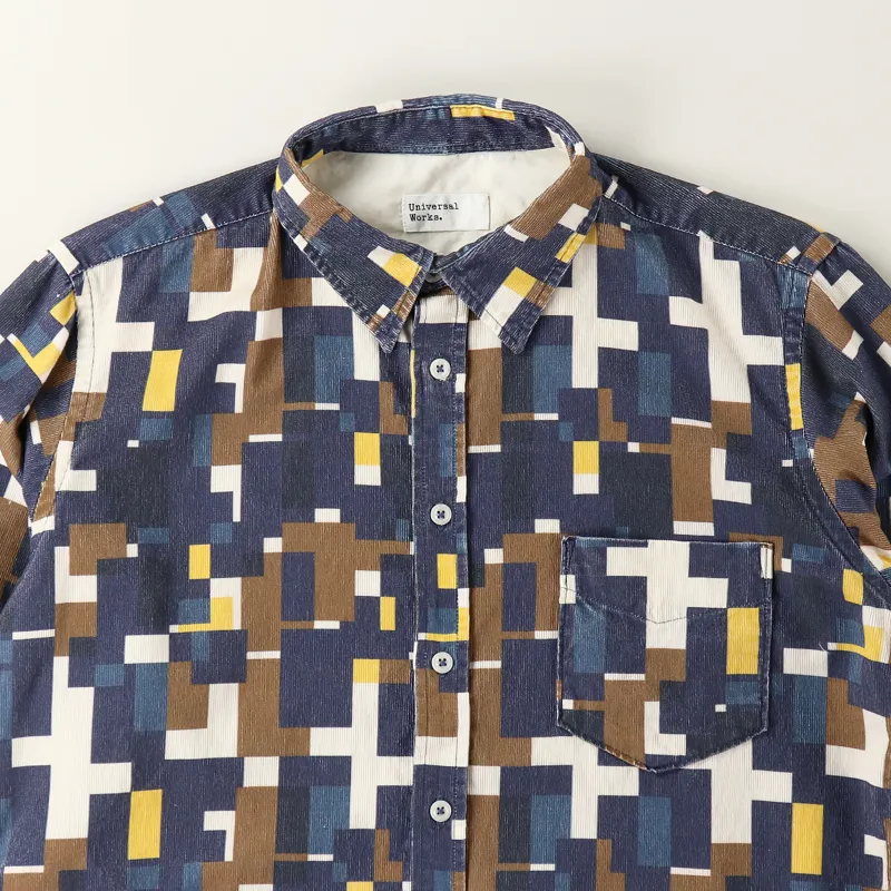 Universal Works Printed Cord Standard Shirt Navy Square-1