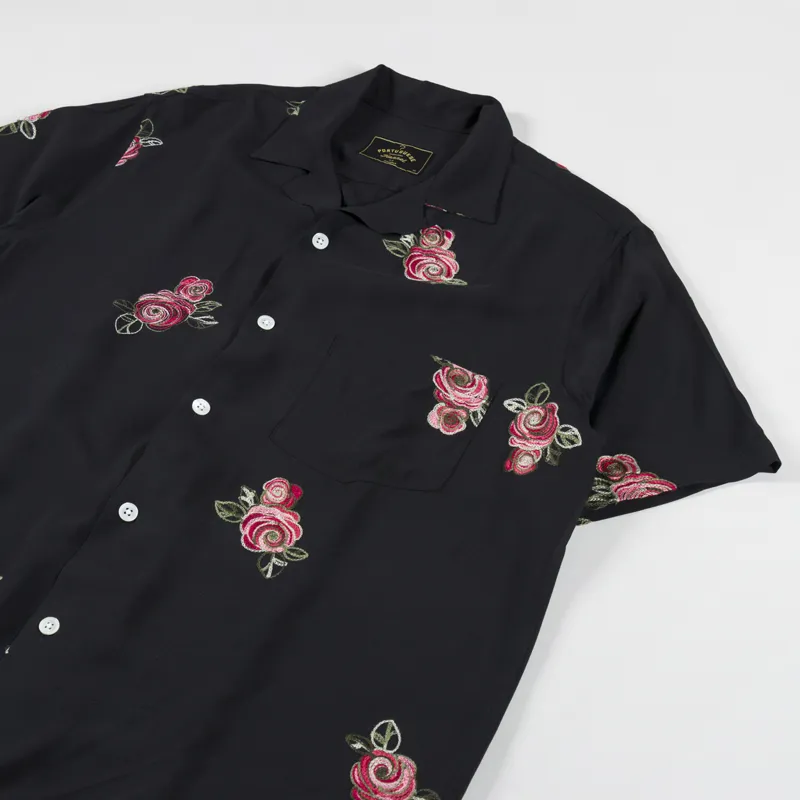 Portuguese Flannel Embroidery Roses Shirt Black-1
