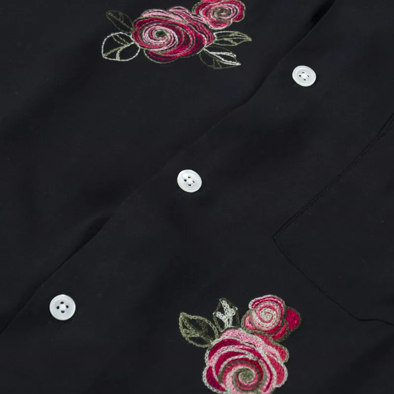 Portuguese Flannel Embroidery Roses Shirt Black-3
