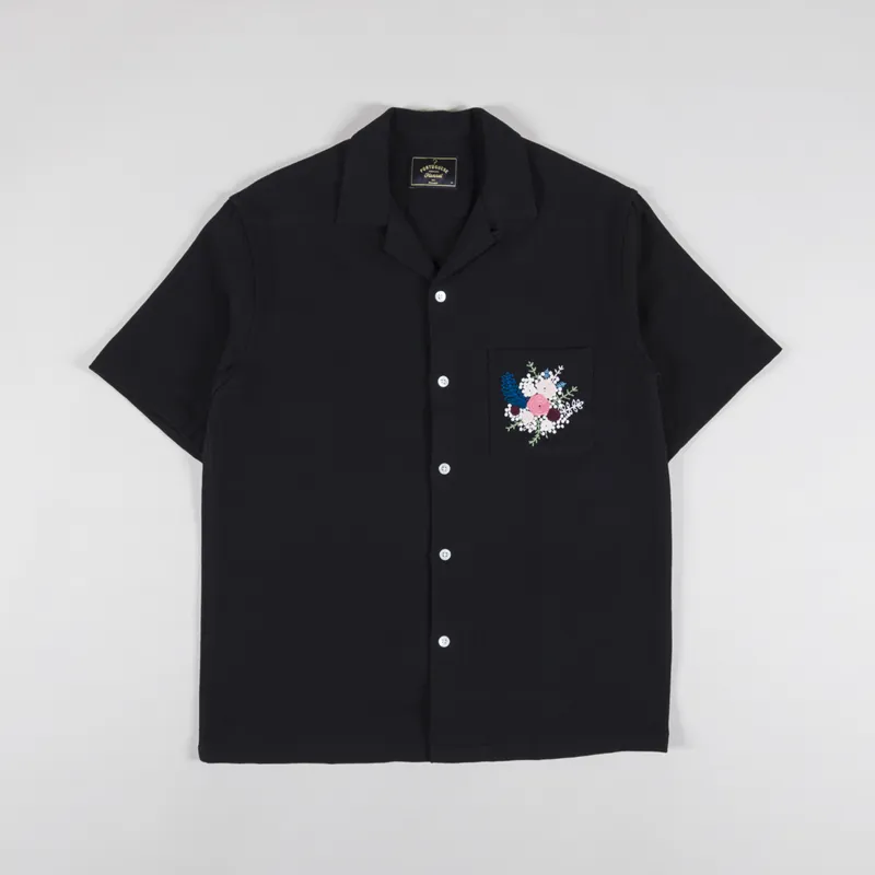 Portuguese Flannel Pique Embroidery Flowers Shirt Black
