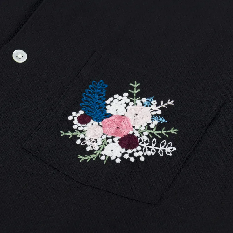 Portuguese Flannel Pique Embroidery Flowers Shirt Black-2